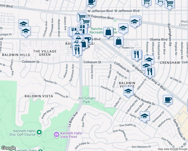 map of restaurants, bars, coffee shops, grocery stores, and more near 4908 August Street in Los Angeles