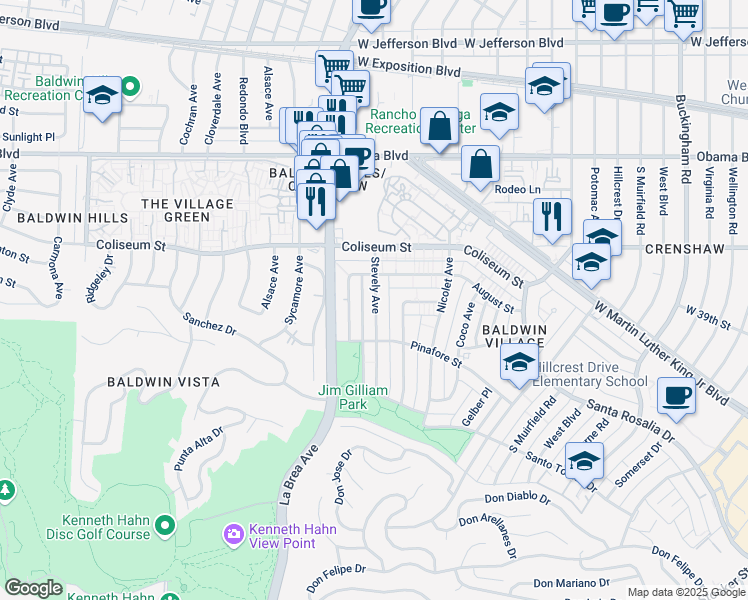 map of restaurants, bars, coffee shops, grocery stores, and more near 4908 August Street in Los Angeles