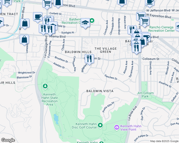 map of restaurants, bars, coffee shops, grocery stores, and more near 3836 South Ridgeley Drive in Los Angeles