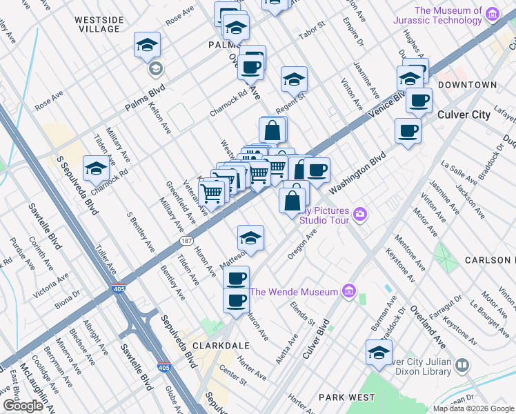 map of restaurants, bars, coffee shops, grocery stores, and more near in Los Angeles
