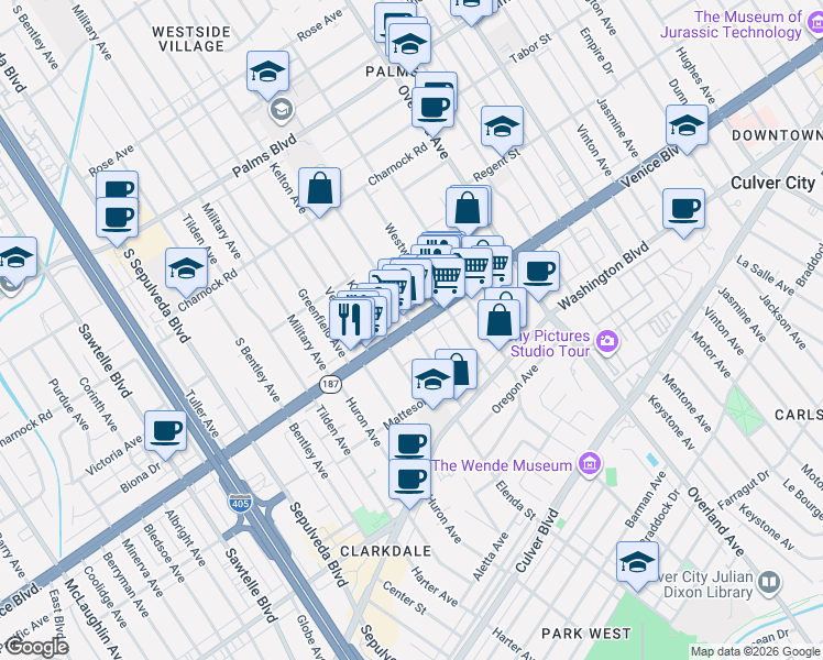 map of restaurants, bars, coffee shops, grocery stores, and more near in Los Angeles