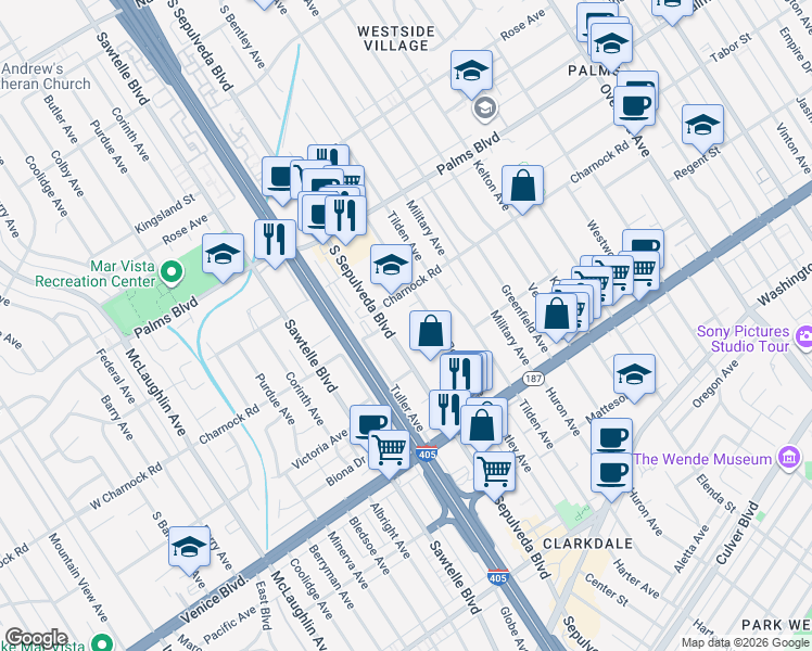 map of restaurants, bars, coffee shops, grocery stores, and more near 3621 South Bentley Avenue in Los Angeles