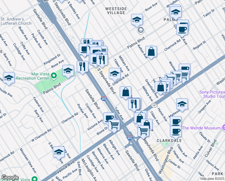 map of restaurants, bars, coffee shops, grocery stores, and more near in Los Angeles