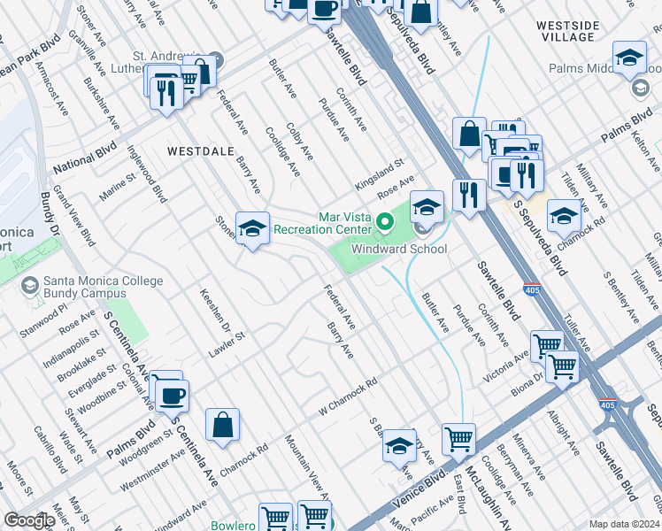 map of restaurants, bars, coffee shops, grocery stores, and more near 3396 McLaughlin Avenue in Los Angeles