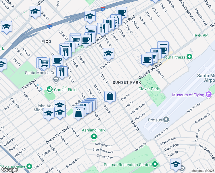 map of restaurants, bars, coffee shops, grocery stores, and more near 2449 23rd Court in Santa Monica