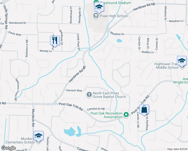 map of restaurants, bars, coffee shops, grocery stores, and more near 3305 Greencastle Chase Northeast in Marietta