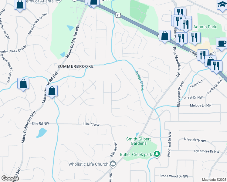 map of restaurants, bars, coffee shops, grocery stores, and more near 2695 Catawba Drive Northwest in Kennesaw