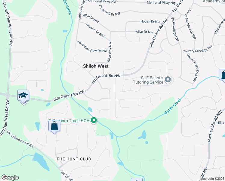 map of restaurants, bars, coffee shops, grocery stores, and more near 2606 Loring Road Northwest in Kennesaw