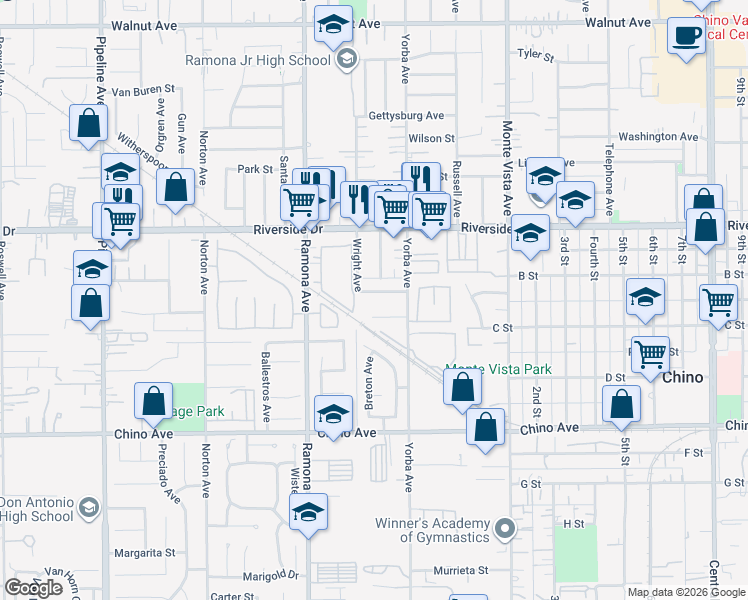 map of restaurants, bars, coffee shops, grocery stores, and more near 4631 Oceanside Drive in Chino