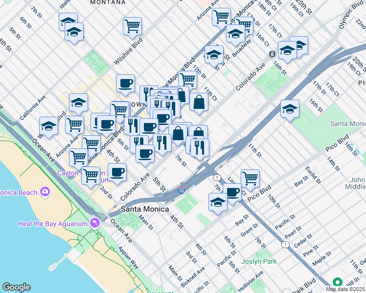map of restaurants, bars, coffee shops, grocery stores, and more near in Santa Monica