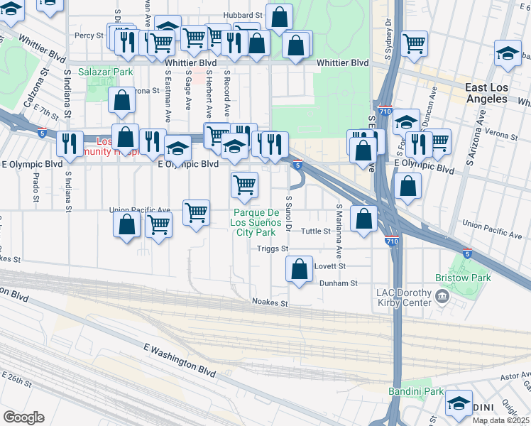 map of restaurants, bars, coffee shops, grocery stores, and more near 1269 South Downey Road in Los Angeles