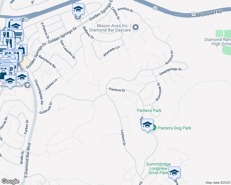 map of restaurants, bars, coffee shops, grocery stores, and more near 632 Pantera Drive in Diamond Bar