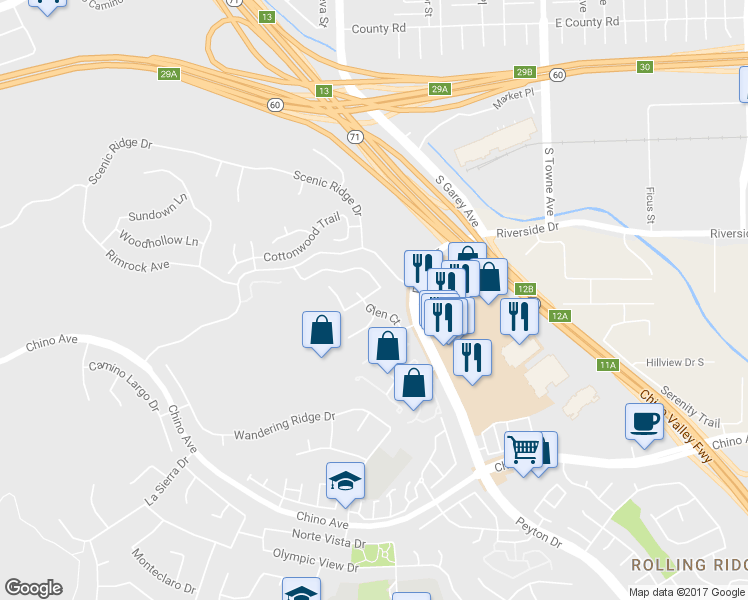 map of restaurants, bars, coffee shops, grocery stores, and more near 13104 Glen Court in Chino Hills