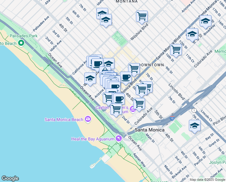 map of restaurants, bars, coffee shops, grocery stores, and more near 1351 3rd Street Promenade in Santa Monica