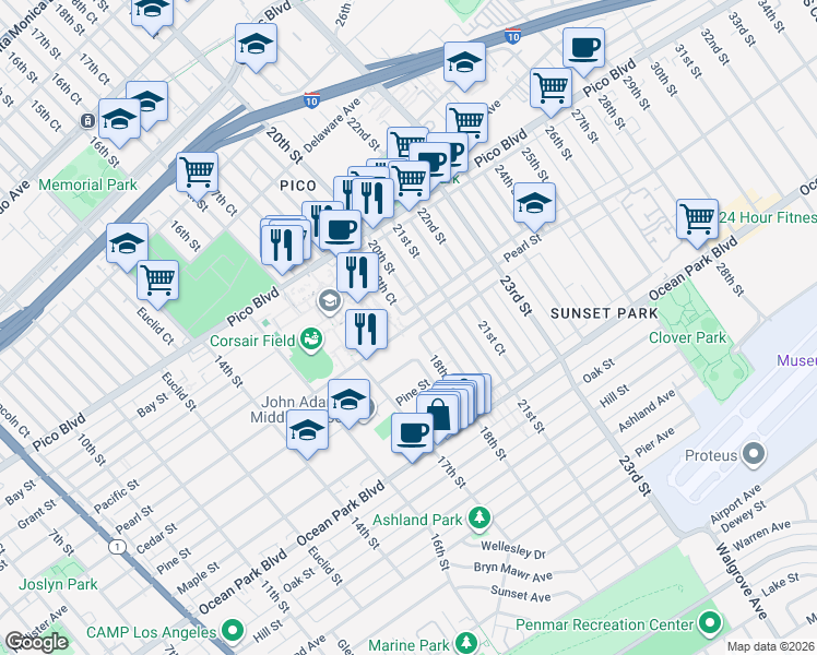 map of restaurants, bars, coffee shops, grocery stores, and more near in Santa Monica