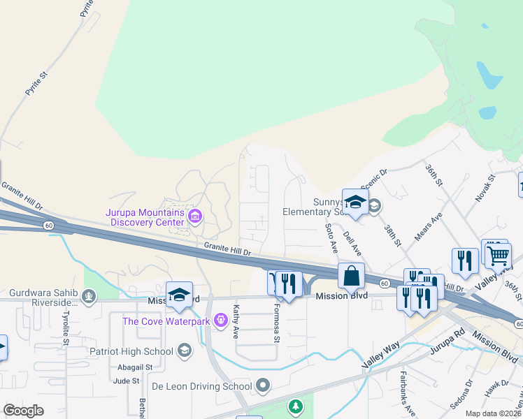 map of restaurants, bars, coffee shops, grocery stores, and more near 7340 Garnet Ridge Road in Jurupa Valley