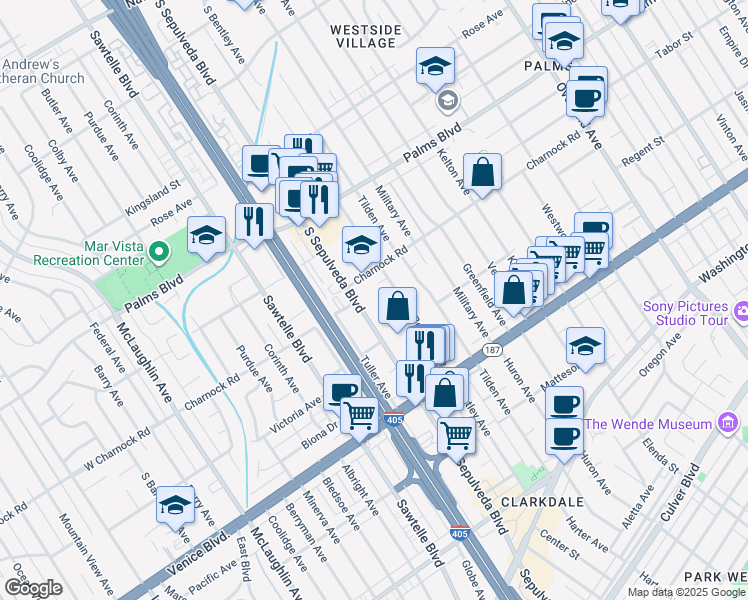 map of restaurants, bars, coffee shops, grocery stores, and more near 3621 South Bentley Avenue in Los Angeles
