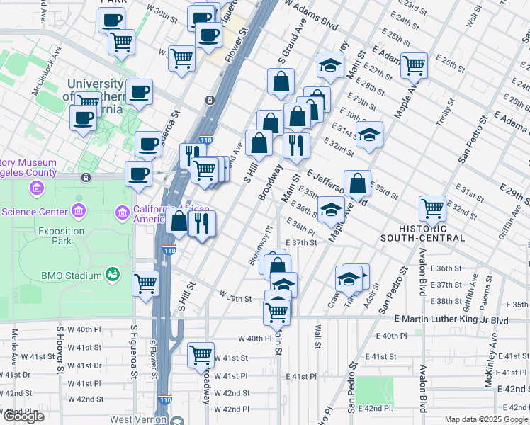 map of restaurants, bars, coffee shops, grocery stores, and more near 3610 South Broadway in Los Angeles