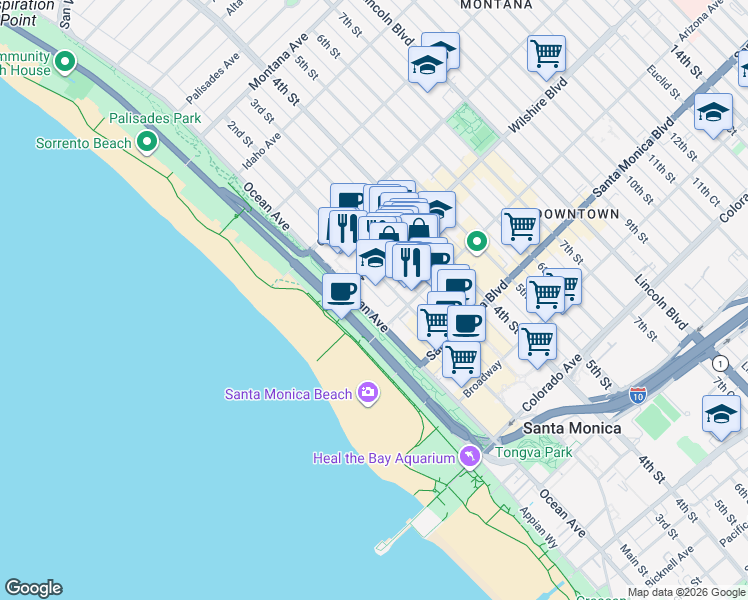 map of restaurants, bars, coffee shops, grocery stores, and more near in Santa Monica