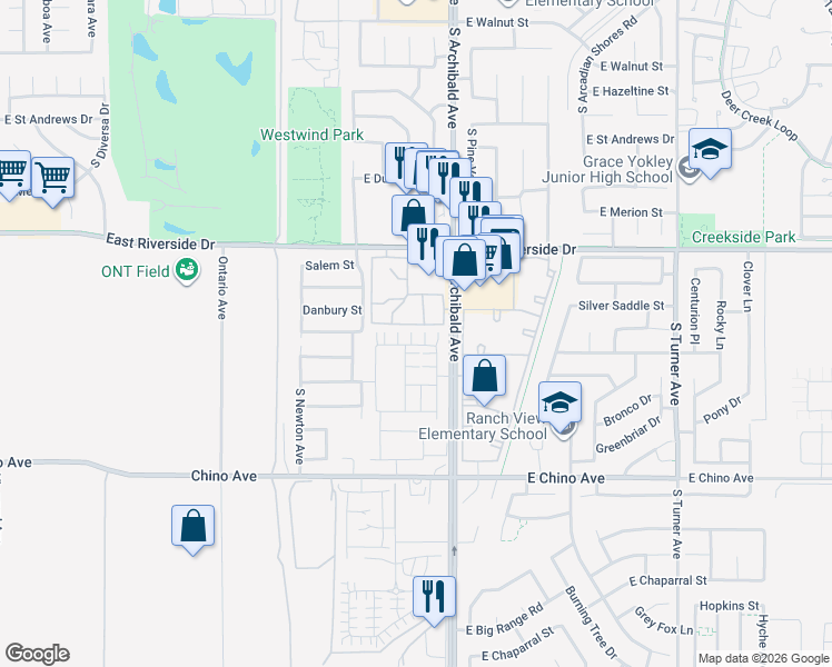map of restaurants, bars, coffee shops, grocery stores, and more near 2699 Cloudview Privado in Ontario
