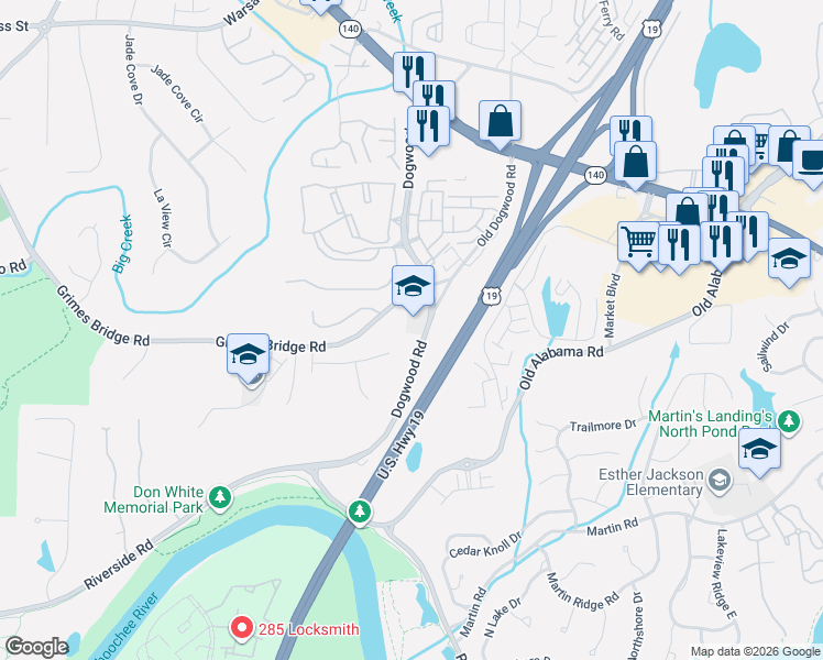 map of restaurants, bars, coffee shops, grocery stores, and more near 300 Grimes Bridge Road in Roswell