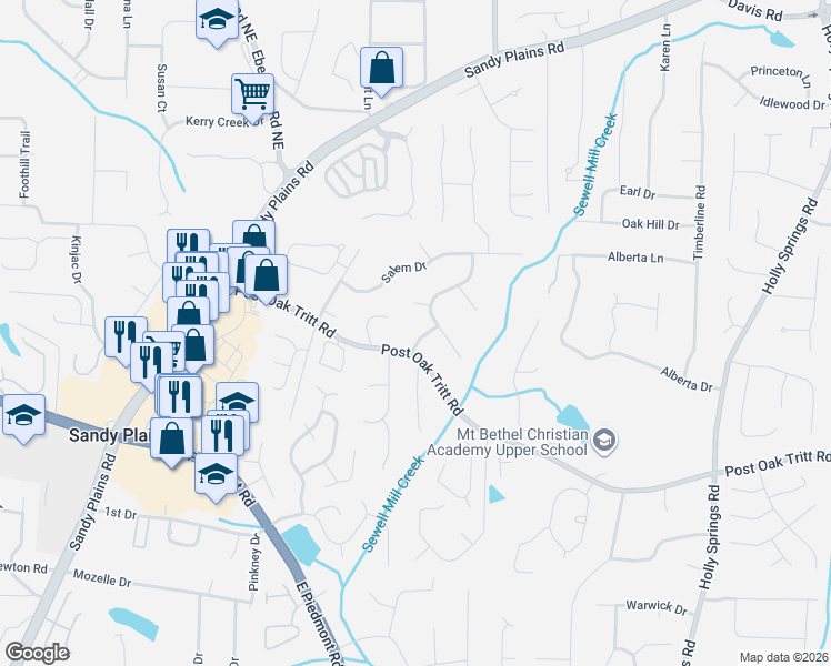 map of restaurants, bars, coffee shops, grocery stores, and more near 2320 Post Creek Court in Marietta