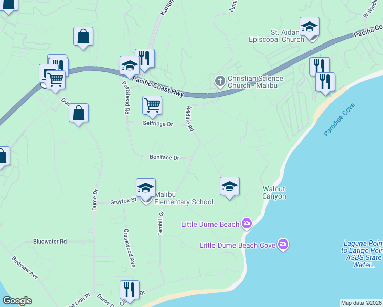 map of restaurants, bars, coffee shops, grocery stores, and more near 6743 Fernhill Drive in Malibu