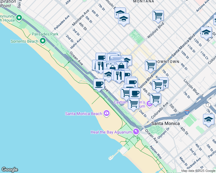 map of restaurants, bars, coffee shops, grocery stores, and more near 1221 Ocean Avenue in Santa Monica