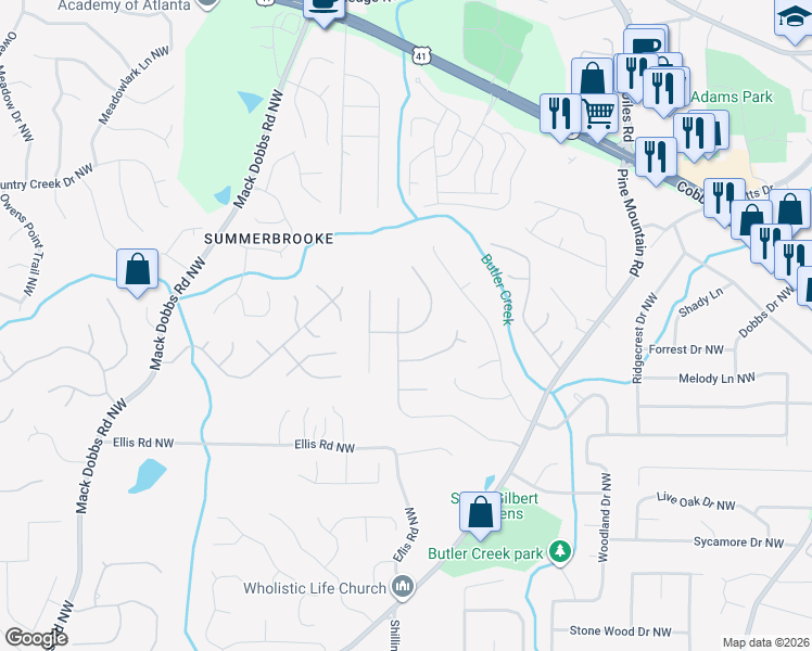 map of restaurants, bars, coffee shops, grocery stores, and more near 2695 Catawba Drive Northwest in Kennesaw