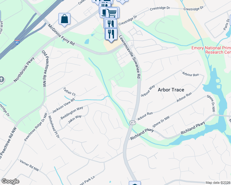 map of restaurants, bars, coffee shops, grocery stores, and more near 2625 Westbury Court in Suwanee
