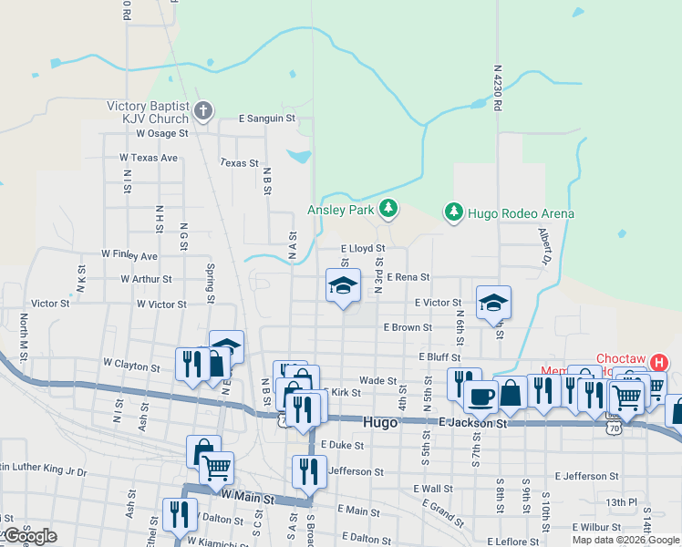map of restaurants, bars, coffee shops, grocery stores, and more near 807 North 2nd Street in Hugo
