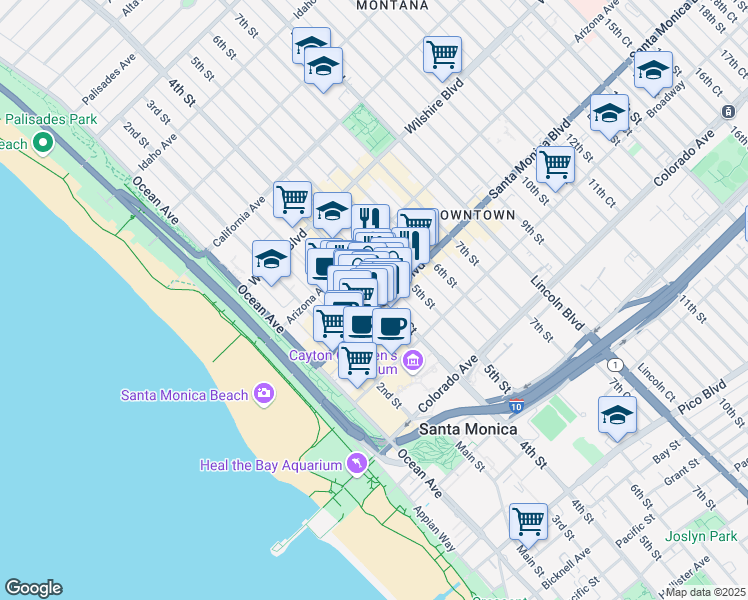 map of restaurants, bars, coffee shops, grocery stores, and more near 1357 4th Street in Santa Monica