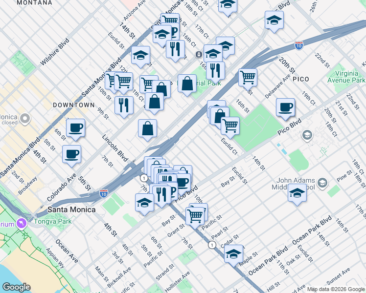 map of restaurants, bars, coffee shops, grocery stores, and more near 1757 11th Street in Santa Monica