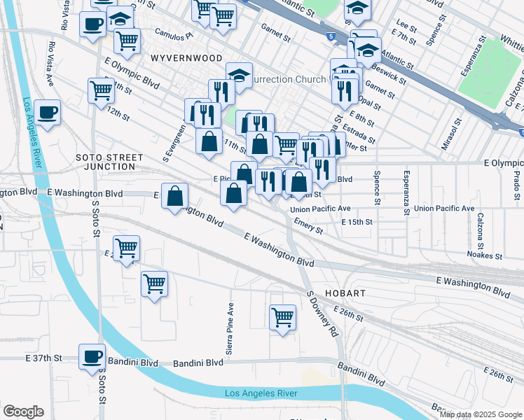 map of restaurants, bars, coffee shops, grocery stores, and more near 3204 Union Pacific Avenue in Los Angeles