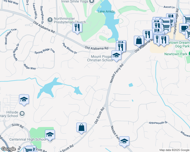 map of restaurants, bars, coffee shops, grocery stores, and more near 5250 Briarstone Ridge Way in Alpharetta