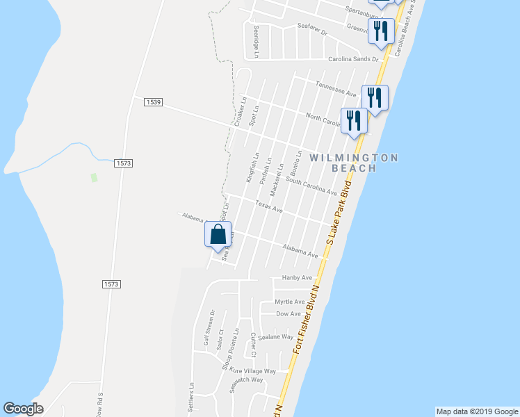 map of restaurants, bars, coffee shops, grocery stores, and more near 605 Texas Avenue in Carolina Beach