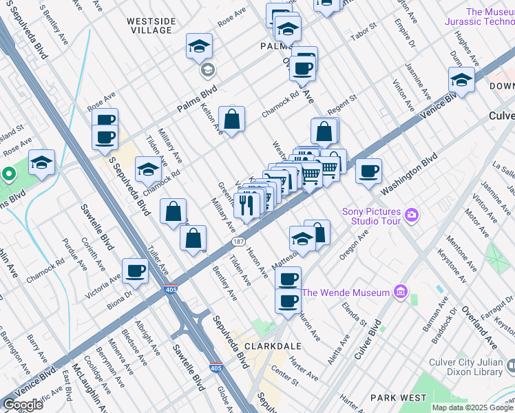 map of restaurants, bars, coffee shops, grocery stores, and more near Veteran Avenue in Los Angeles