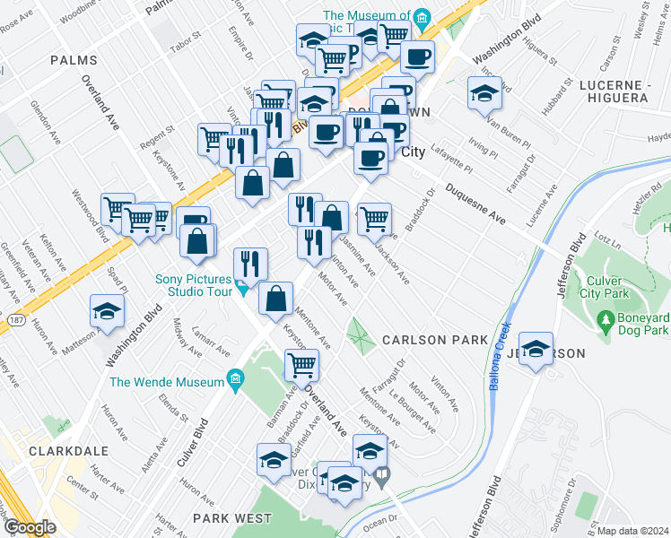 map of restaurants, bars, coffee shops, grocery stores, and more near 4129 Vinton Avenue in Culver City