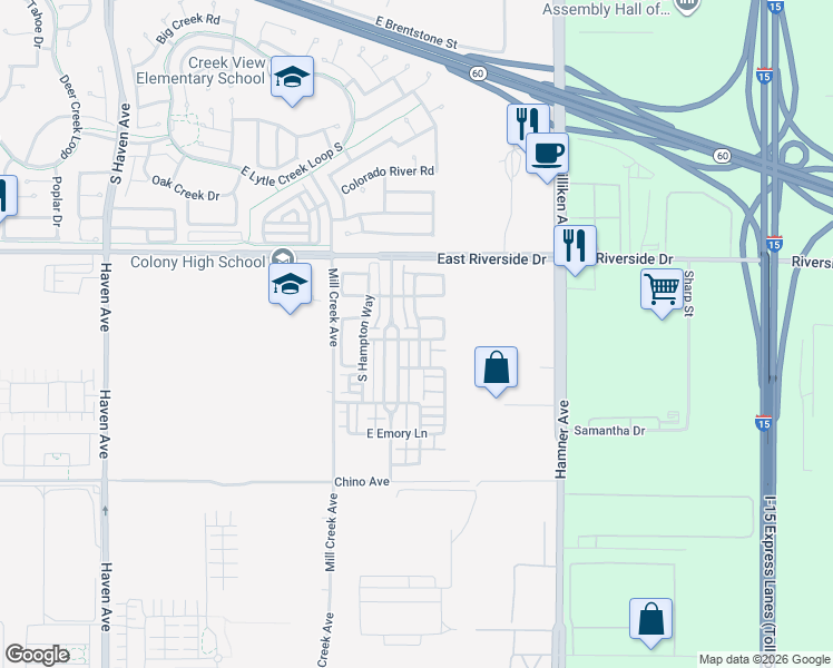 map of restaurants, bars, coffee shops, grocery stores, and more near 3104 South Cambridge Drive in Ontario