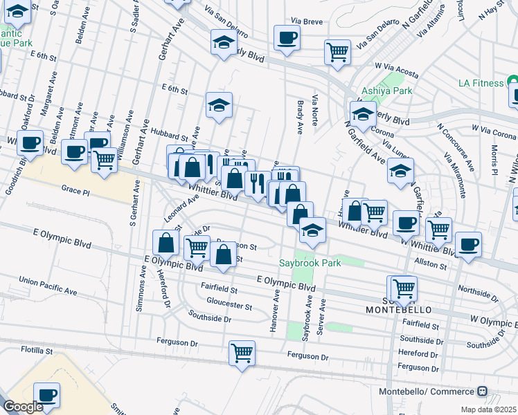 map of restaurants, bars, coffee shops, grocery stores, and more near 6116 1/2 Whittier Boulevard in East Los Angeles