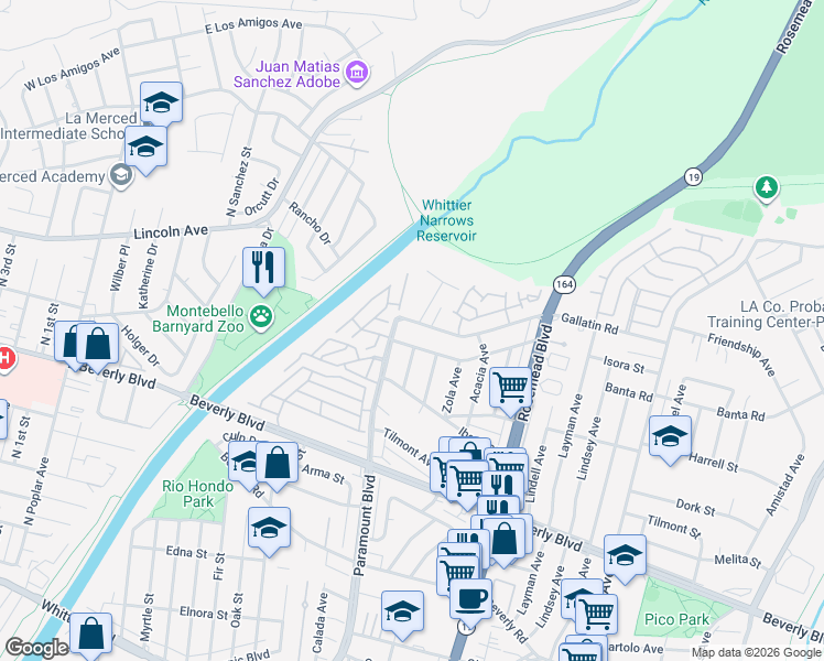 map of restaurants, bars, coffee shops, grocery stores, and more near 4101 Paramount Boulevard in Pico Rivera