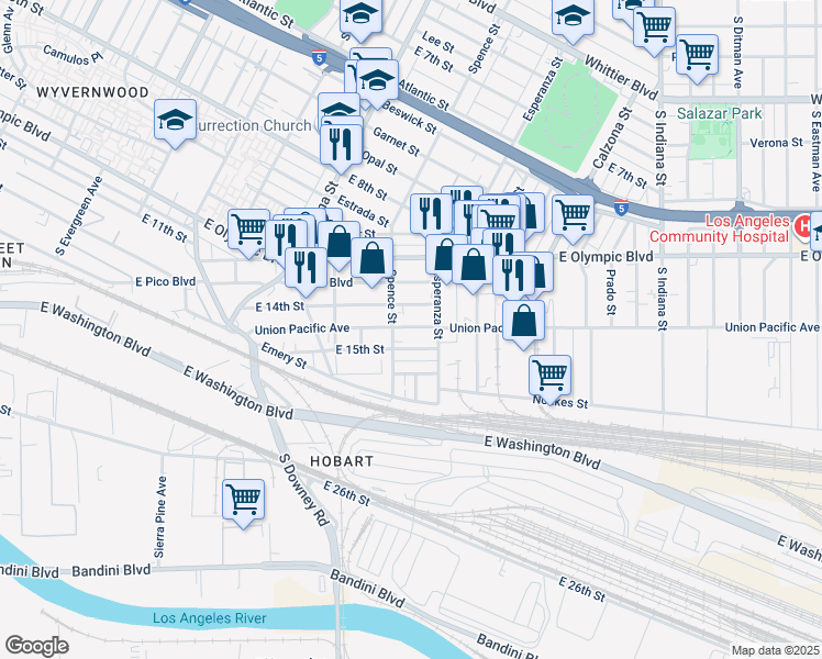 map of restaurants, bars, coffee shops, grocery stores, and more near 3522 Union Pacific Avenue in Los Angeles