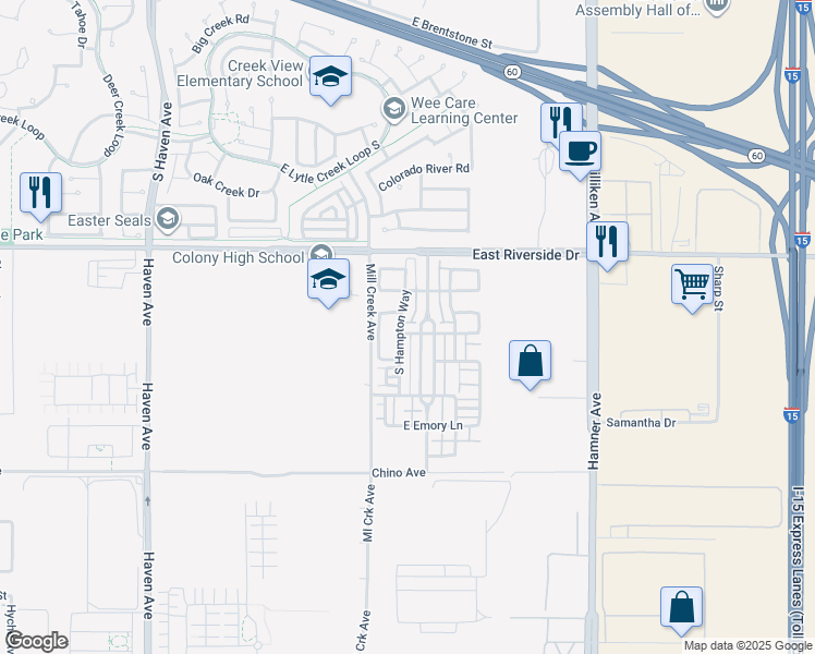 map of restaurants, bars, coffee shops, grocery stores, and more near 3985 East Heritage Lane in Ontario