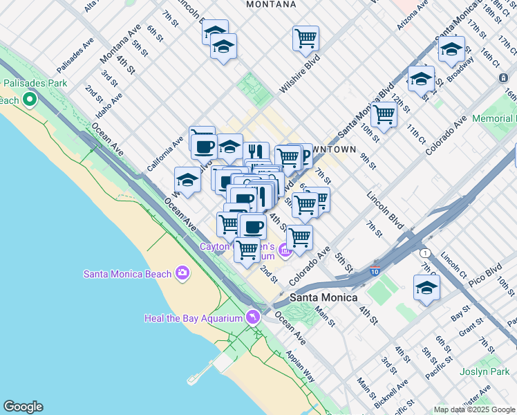 map of restaurants, bars, coffee shops, grocery stores, and more near 1357 4th Street in Santa Monica