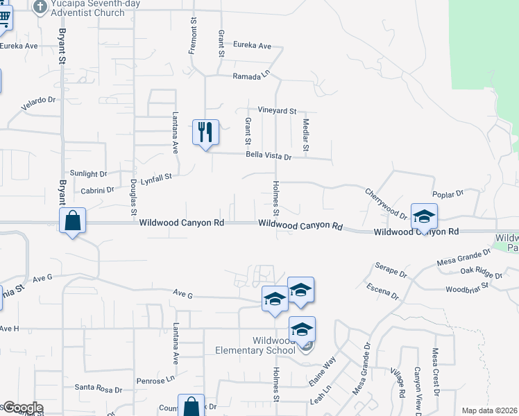 map of restaurants, bars, coffee shops, grocery stores, and more near 13043 Grant Street in Yucaipa