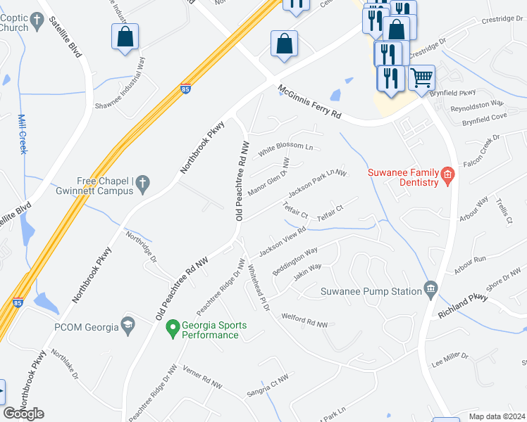 map of restaurants, bars, coffee shops, grocery stores, and more near 716 Jackson Park Lane Northwest in Suwanee