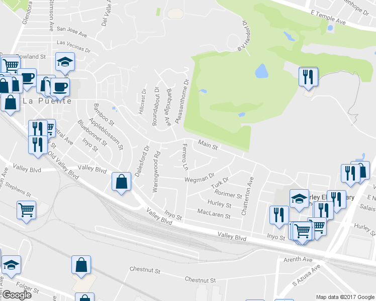 map of restaurants, bars, coffee shops, grocery stores, and more near 428 Ferrero Lane in La Puente