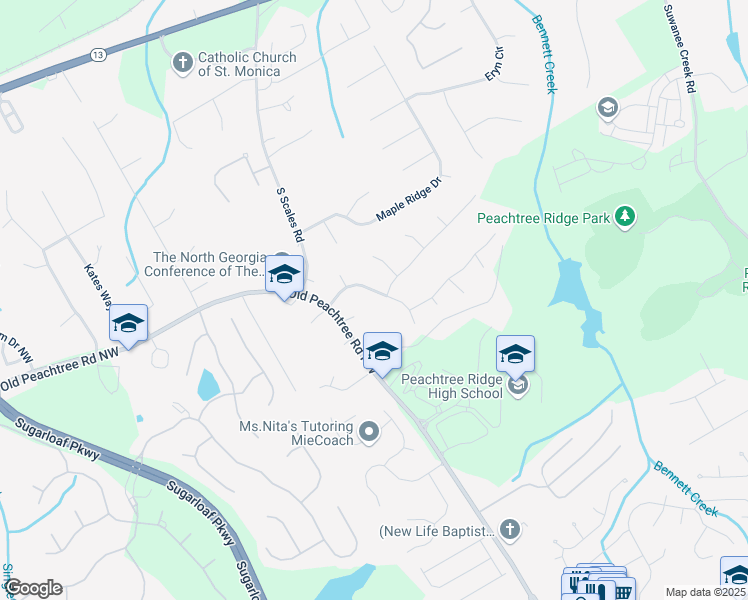 map of restaurants, bars, coffee shops, grocery stores, and more near 1648 Walden Pond Road in Suwanee
