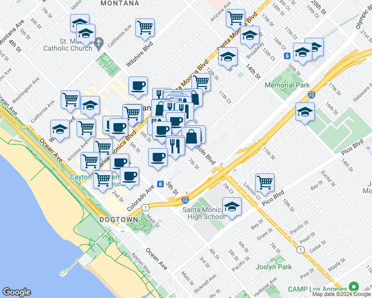 map of restaurants, bars, coffee shops, grocery stores, and more near 711 Colorado Avenue in Santa Monica
