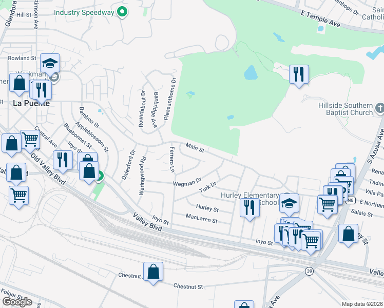 map of restaurants, bars, coffee shops, grocery stores, and more near 16833 Main Street in La Puente